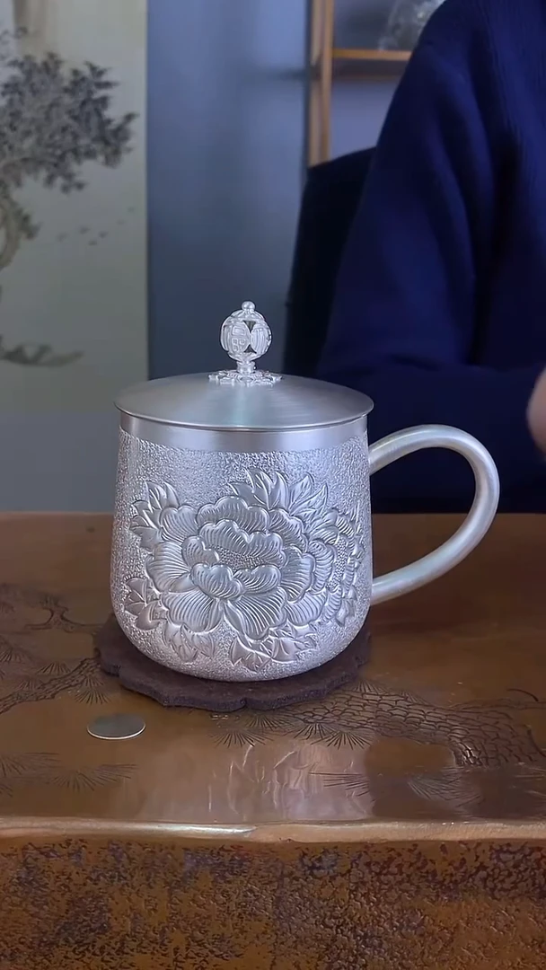 不二银工牡丹马克杯 约245g 300ml 足银999