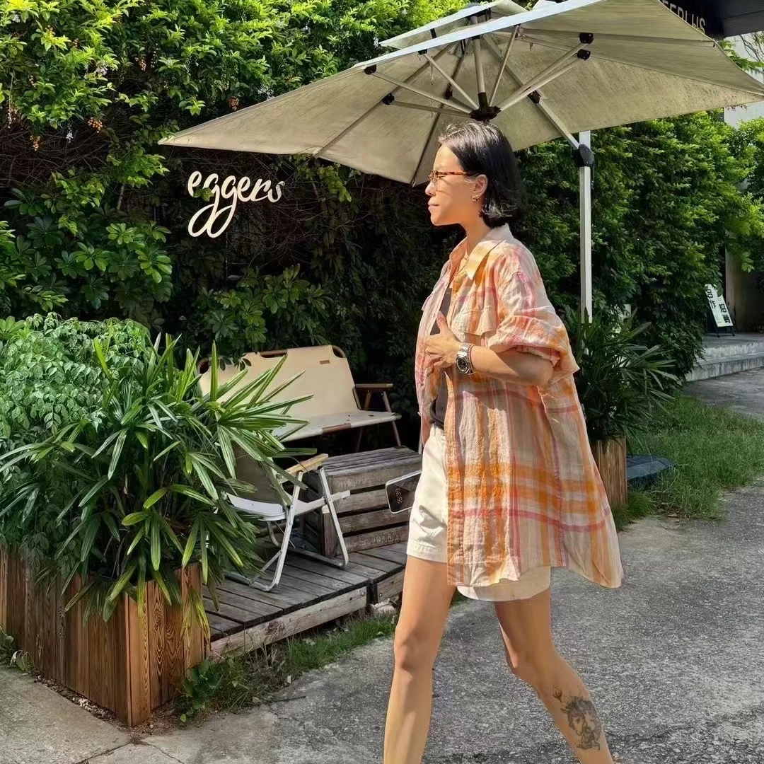 【RUIORCODE】撞色彩格子亚麻舒适宽松衬衫 理性消费##