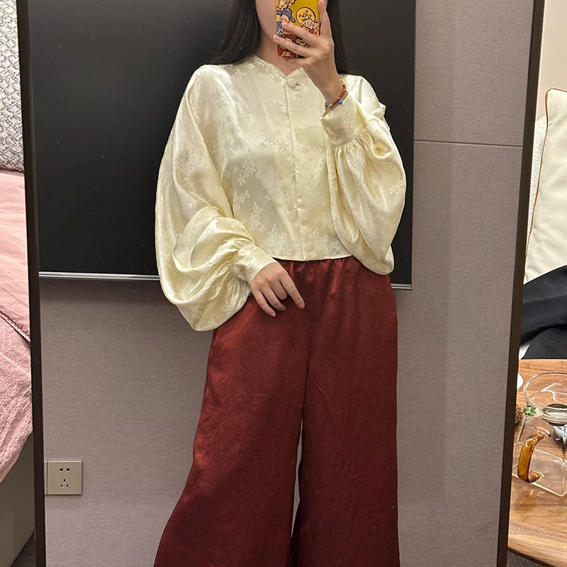 月下微凉｜杏花微雨春款提花真丝新中式女款灯笼袖衬衣衬衫上衣