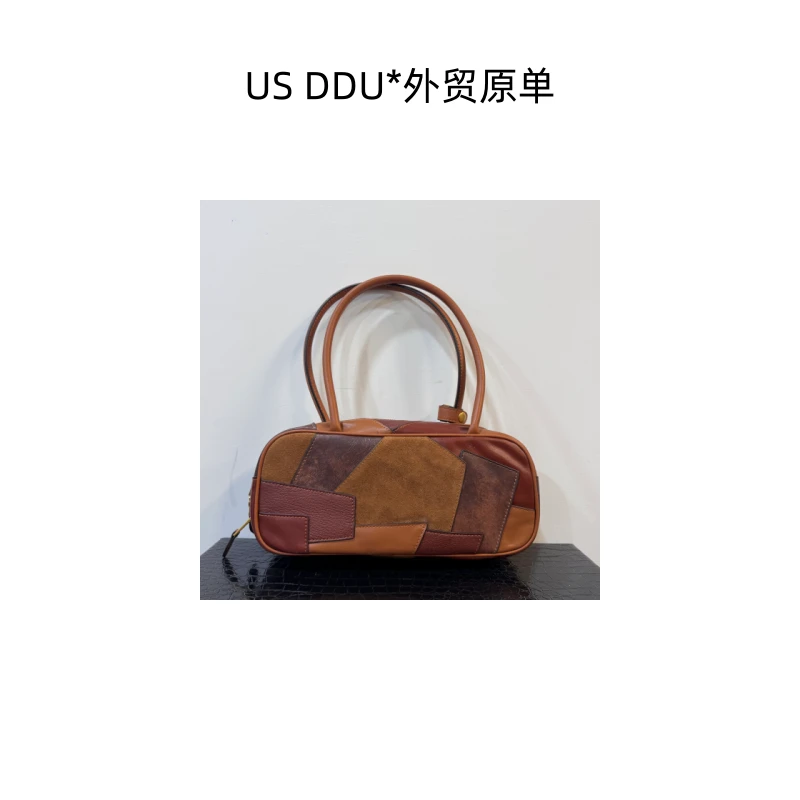 A247 棕色拼色拼皮保龄球手提包 603/K024