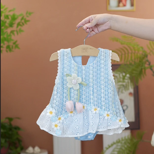 女童连衣裙夏装2025新款儿童公主裙蓝色花朵泡泡裙宝宝周岁礼服