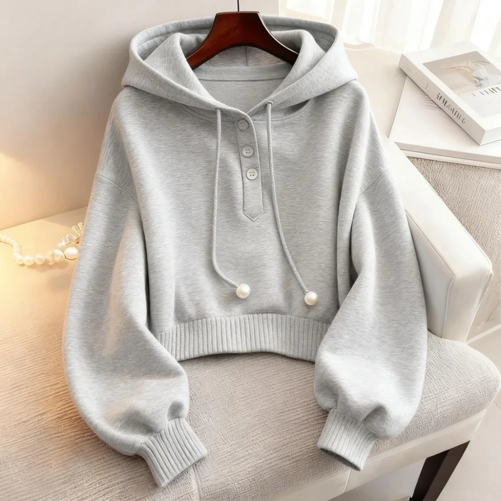 时尚韩版抽绳连帽卫衣女2025秋冬季新款设计感高档慵懒风上衣外套