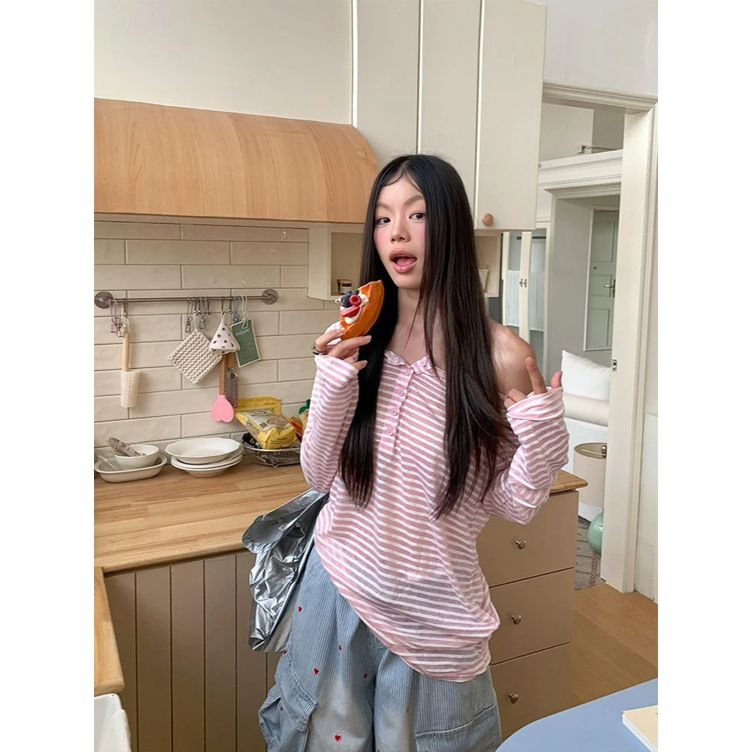 SUMBUR韩系慵懒风条纹斜肩长袖防晒罩衫设计感百搭显瘦纯欲风上衣