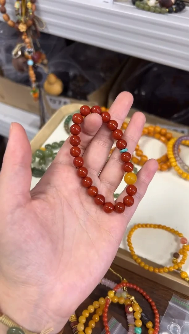 未镶嵌蜜蜡手链柿子红玛瑙蜜蜡顶珠手串[1239]