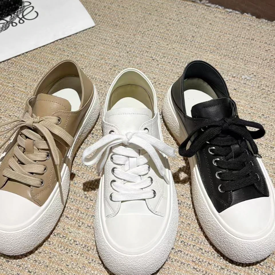 韩版欧货时尚百搭高级板鞋系带透气真皮圆头新款ins运动懒人鞋