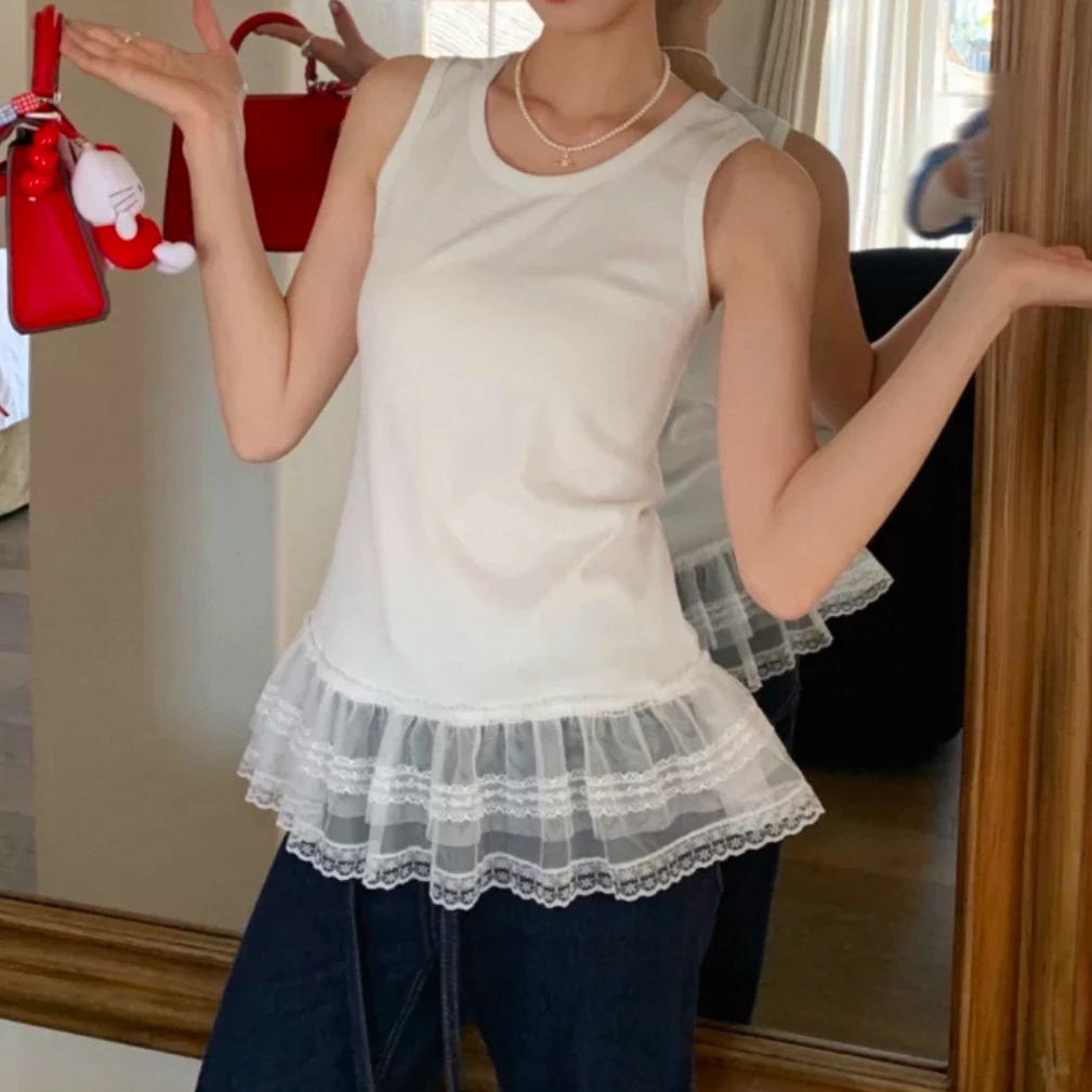 拼接蕾丝花边内搭圆领背心上衣女2025春款通勤韩系简约芭蕾风吊带
