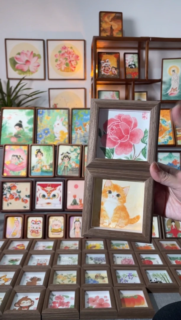 【闪购商品】国画【小猫咪芍药花】手绘国画摆台