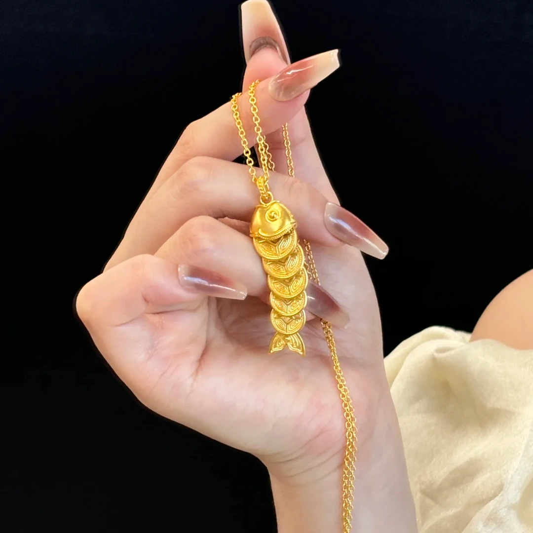 铜合金项链 新中式年年有余五帝钱币项链女锦鲤铜钱坠链配饰