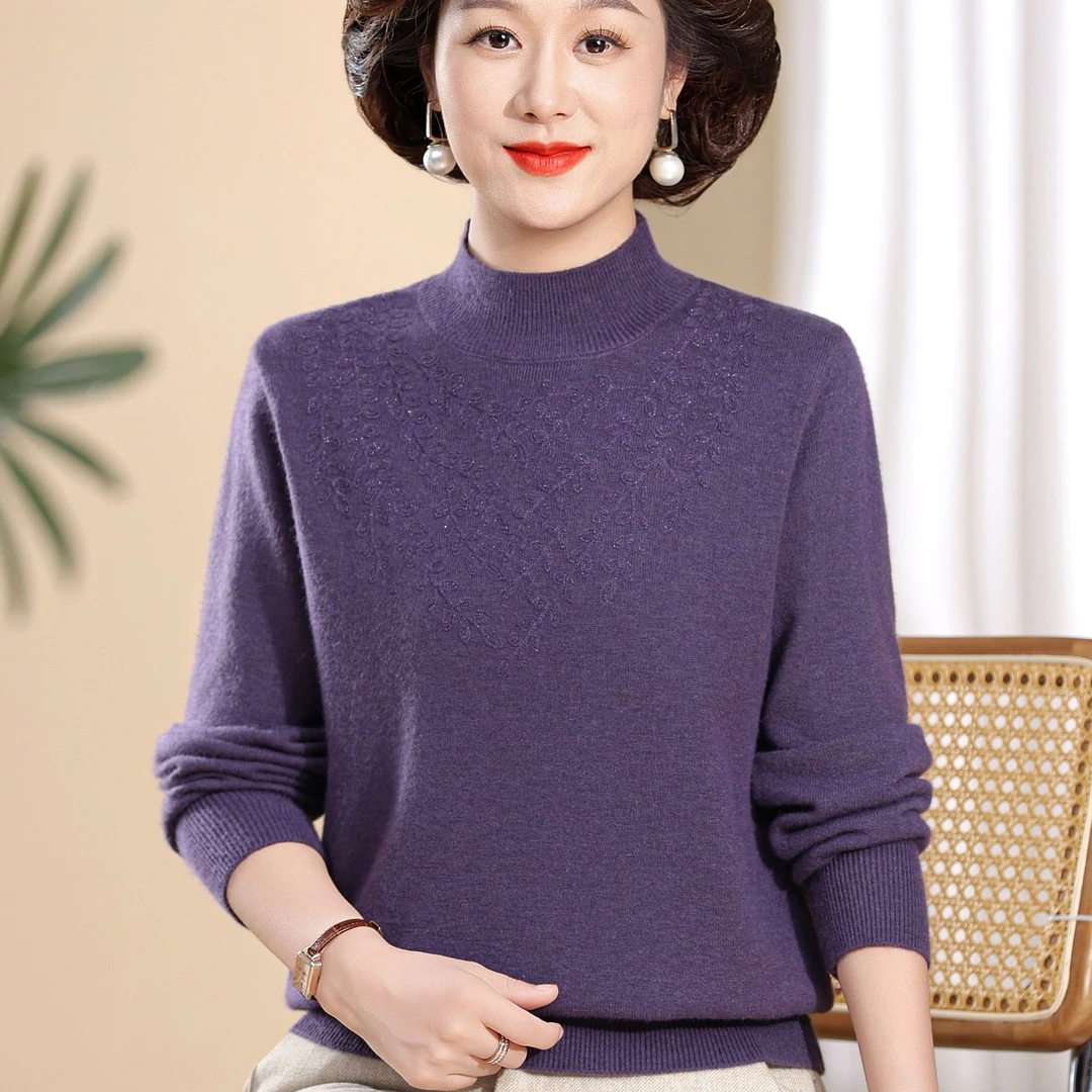 秋冬季新款中老年妈妈上衣针织毛衫保暖加厚打底毛衣洋气时尚女装