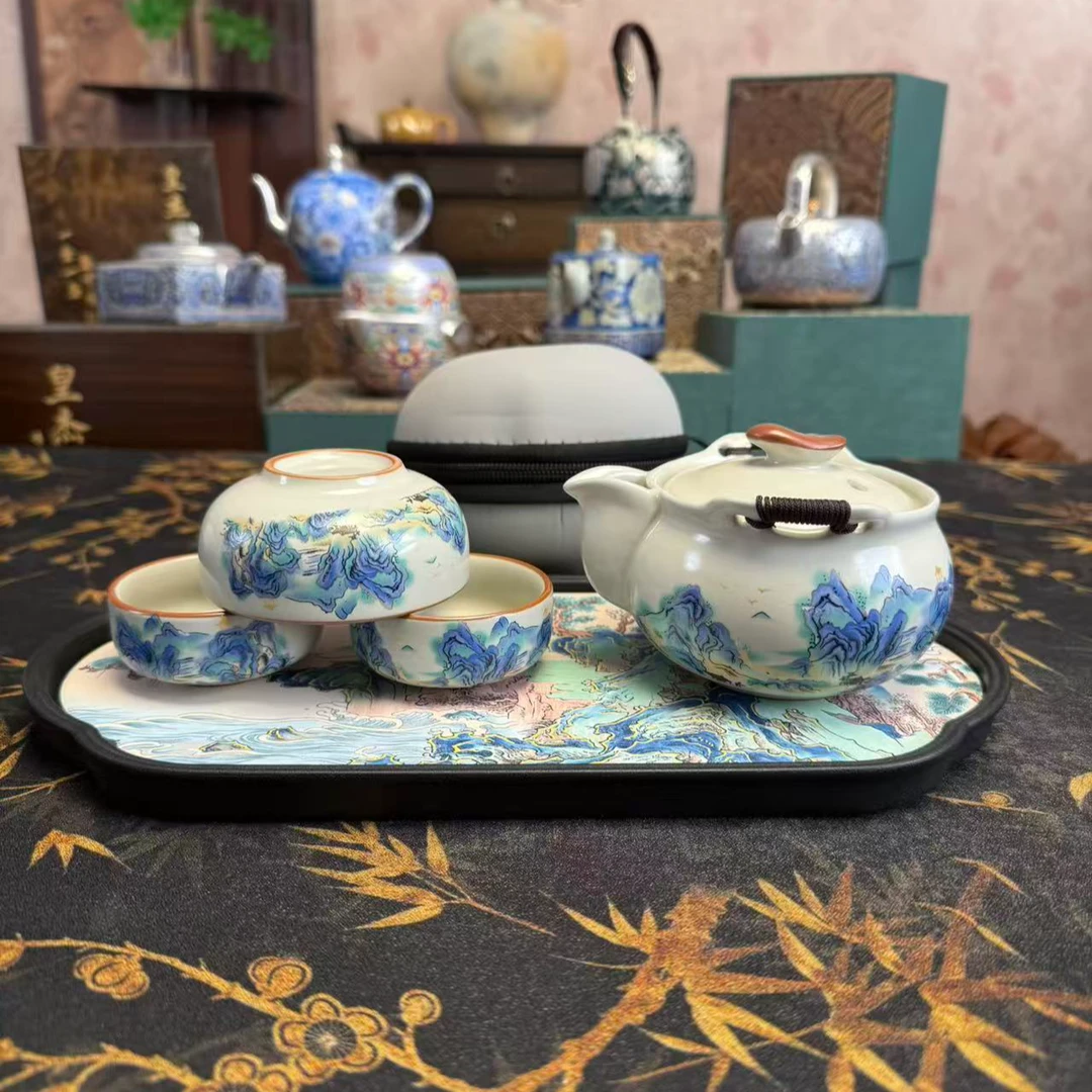 SD汝窑千山飞鸟一壶三杯+茶盘ZH   4050