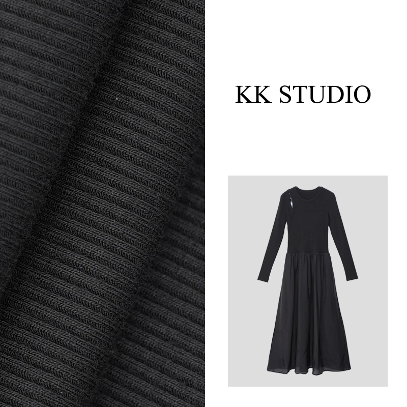 淇老板KK Studio25年早春新款拼接针织大摆长袖长裙高腰收腰8769