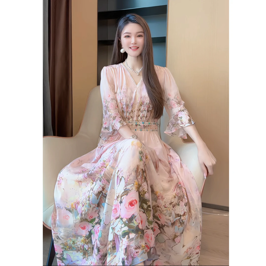 【深圳米熙儿】100%桑蚕丝夏季收腰显瘦连衣裙1235