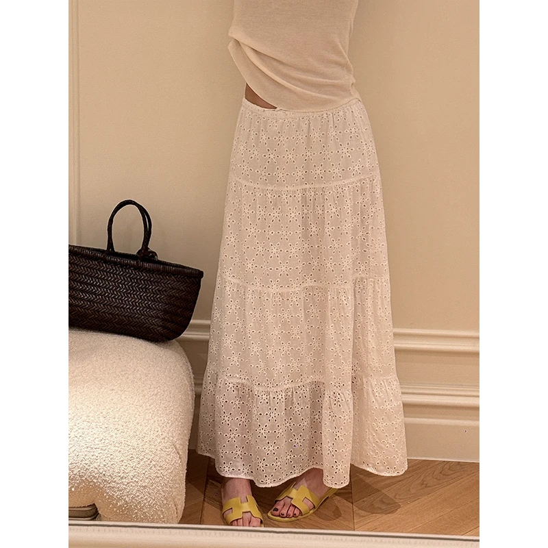 杨小妖小白花 重工刺绣棉镂空轻法式白色a字半身长裙子女款春新
