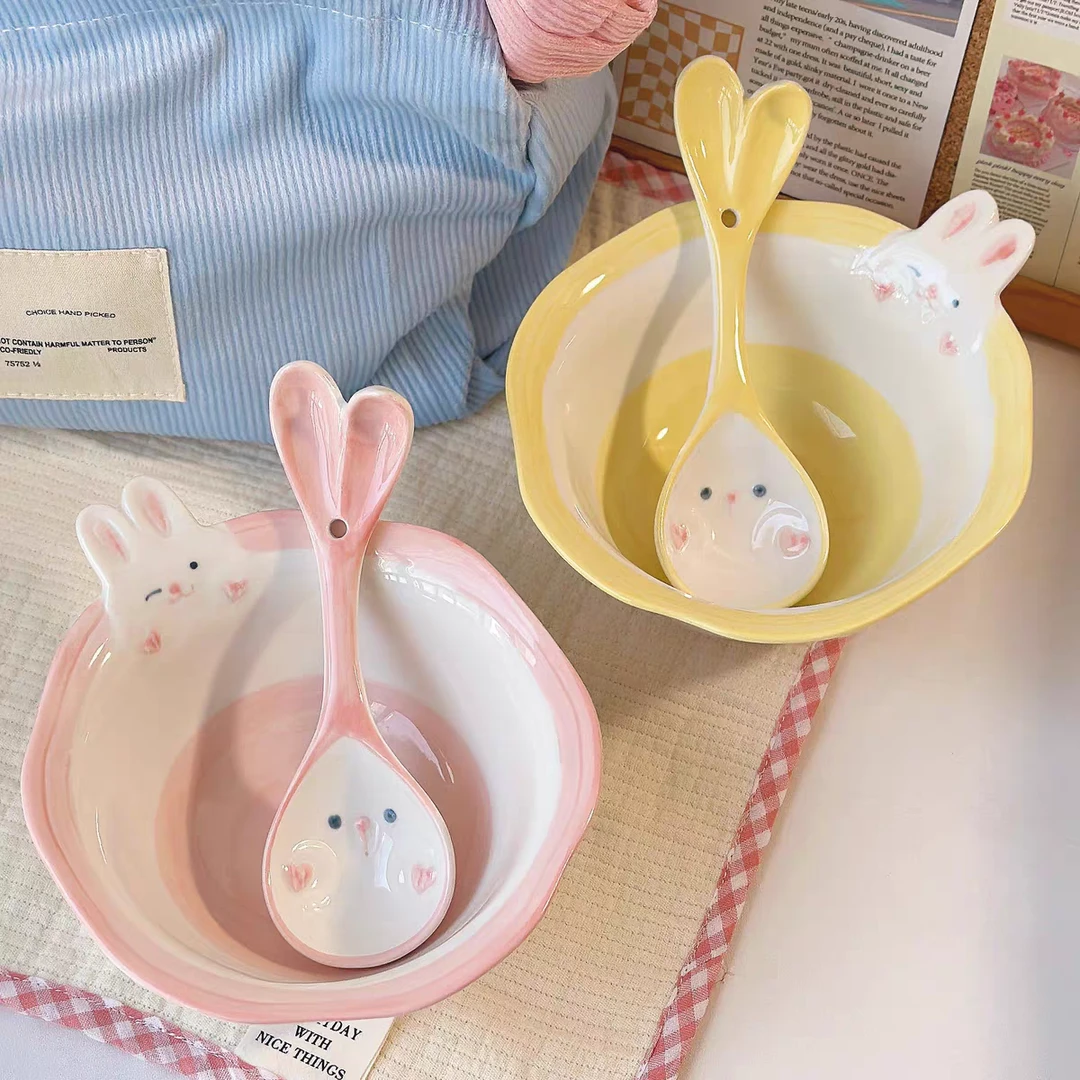 卡通兔子陶瓷吃米饭碗儿童可爱家用釉下彩餐具5英寸女生甜品小碗
