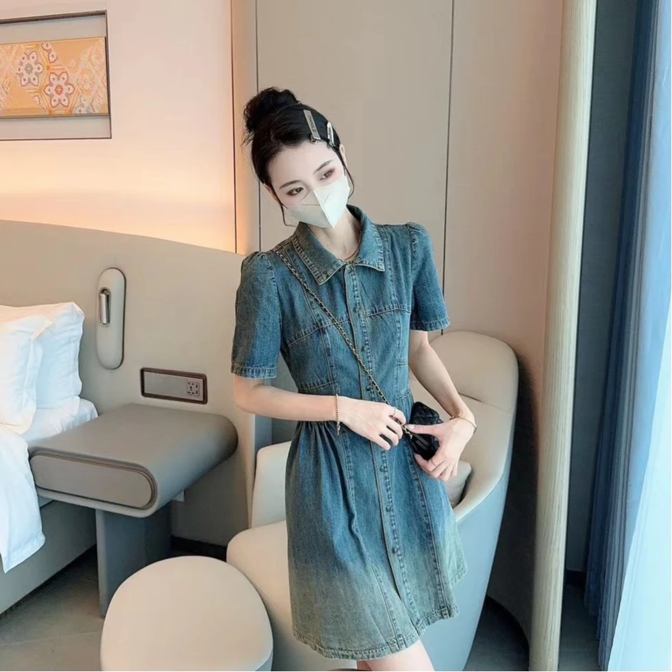 法式polo领短袖连衣裙女2025夏季新款小个子减龄洋气显瘦牛仔裙