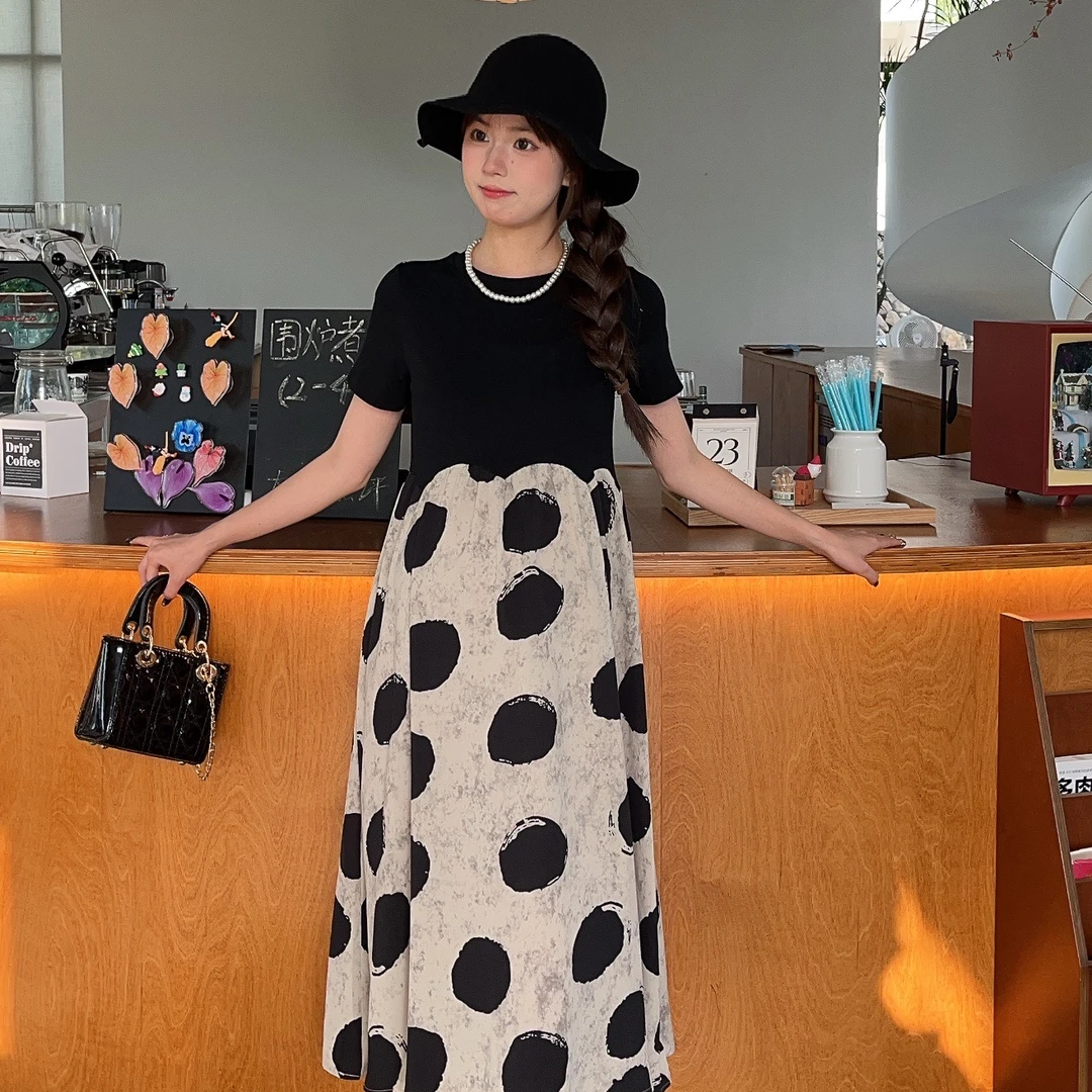 2025新款夏季新款圆领波点设计感拼接时尚孕妇外穿韩版连衣裙