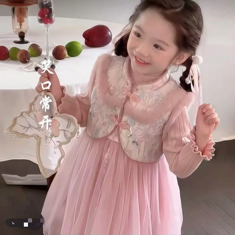 中国风冬季马甲裙新中式女宝宝纱裙唐装公主裙女童拜年服
