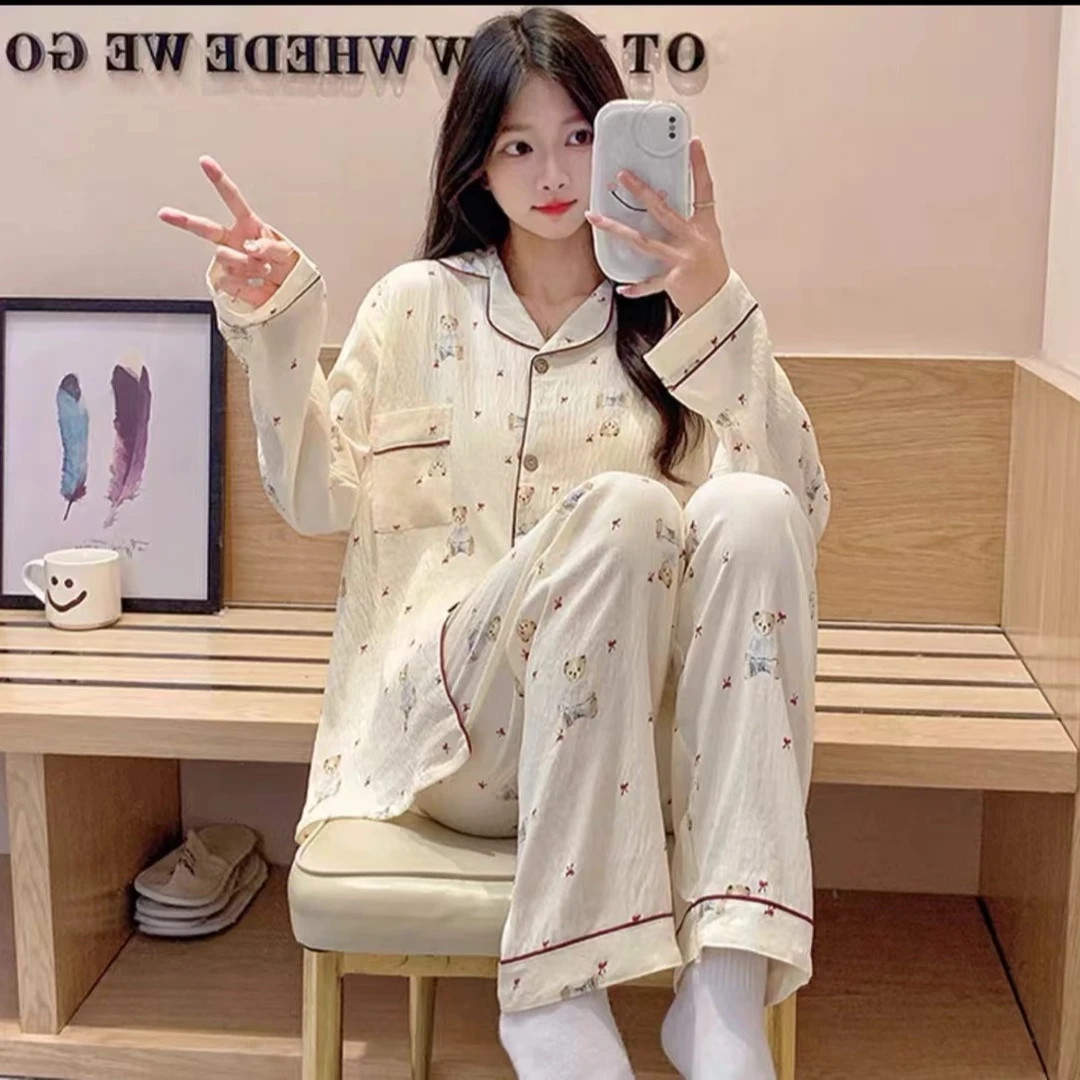【晚安小熊长袖带杯垫】新款四季长袖长裤可爱印花透气宽松睡衣1153