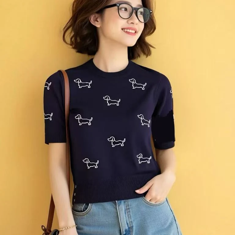 夏季可爱小狗T恤修身撞色条纹上衣内搭-SBA70037-A2