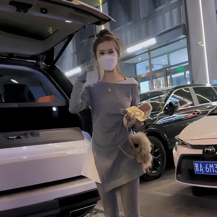 女款长袖T恤衫欧货拼接中长款开叉打底衫2025秋季时尚减龄网红女