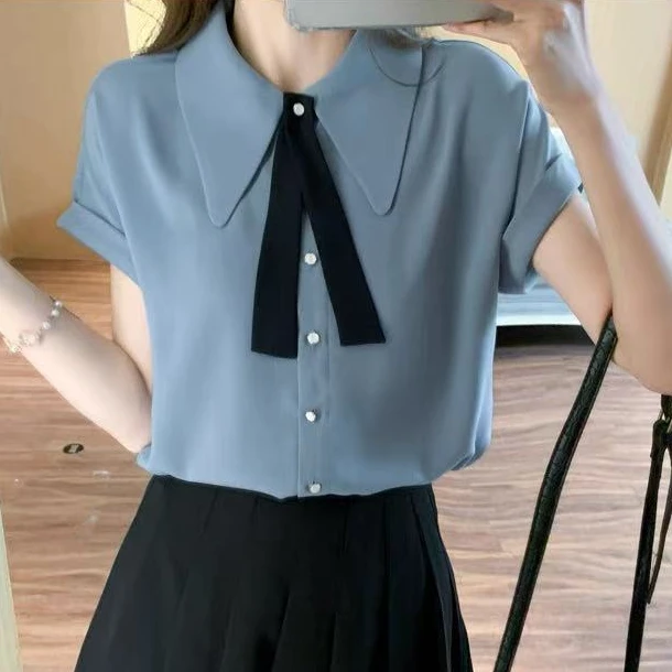 高端雾霾蓝雪纺衬衫女夏短袖2025新款领带设计感通勤气质上衣7705