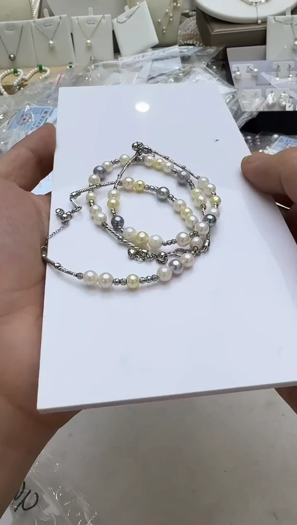 海水珍珠银S925镶嵌手链5-6mm 糖果混彩
