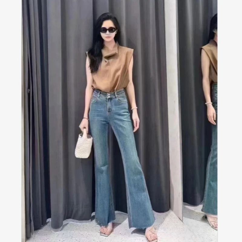 艾家2025春季新款高腰时尚百搭微喇牛仔裤女修身显瘦长裤子3225