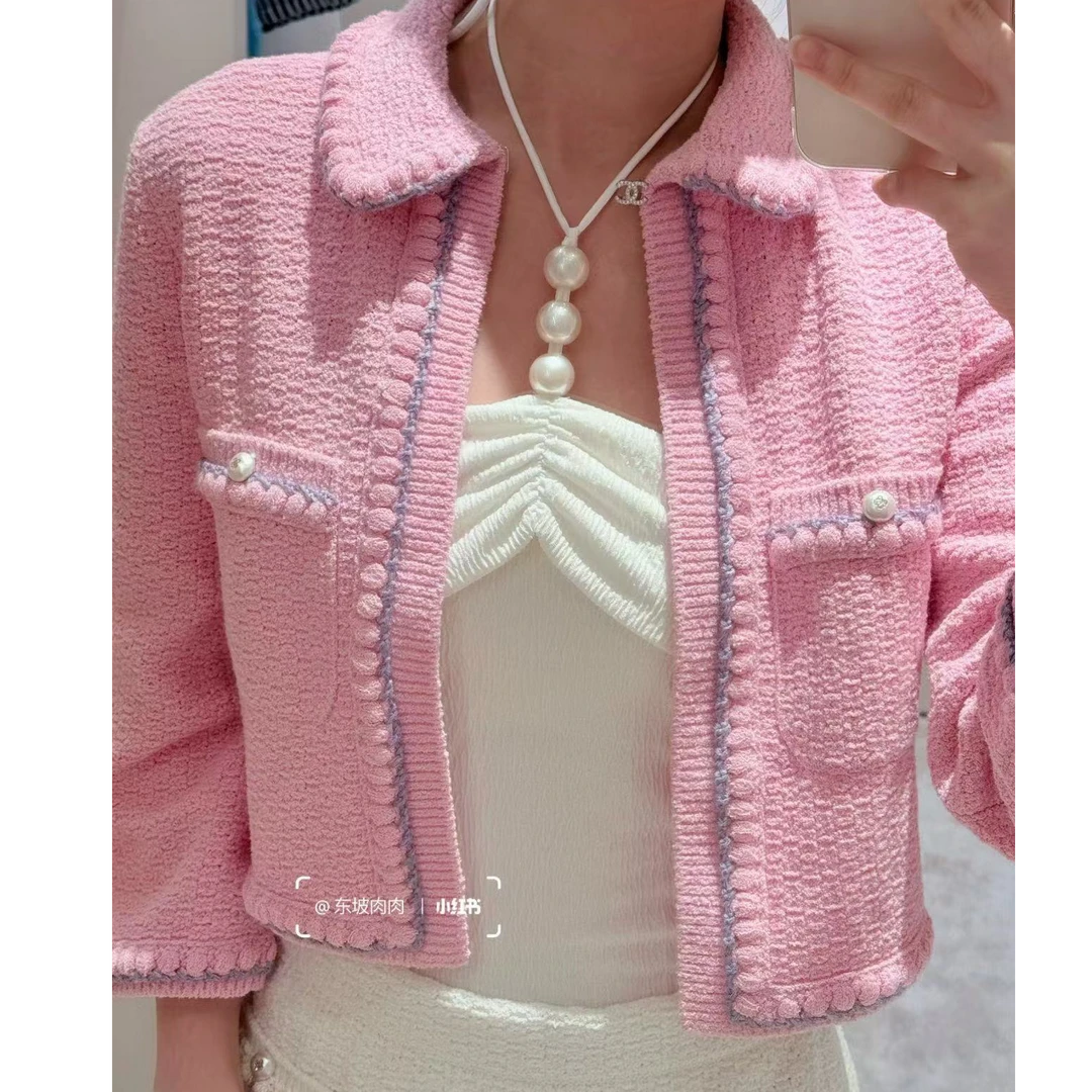 99新 Chanel/香奈儿 25P粉色珍珠钻扣软呢外套/F34/编号2413