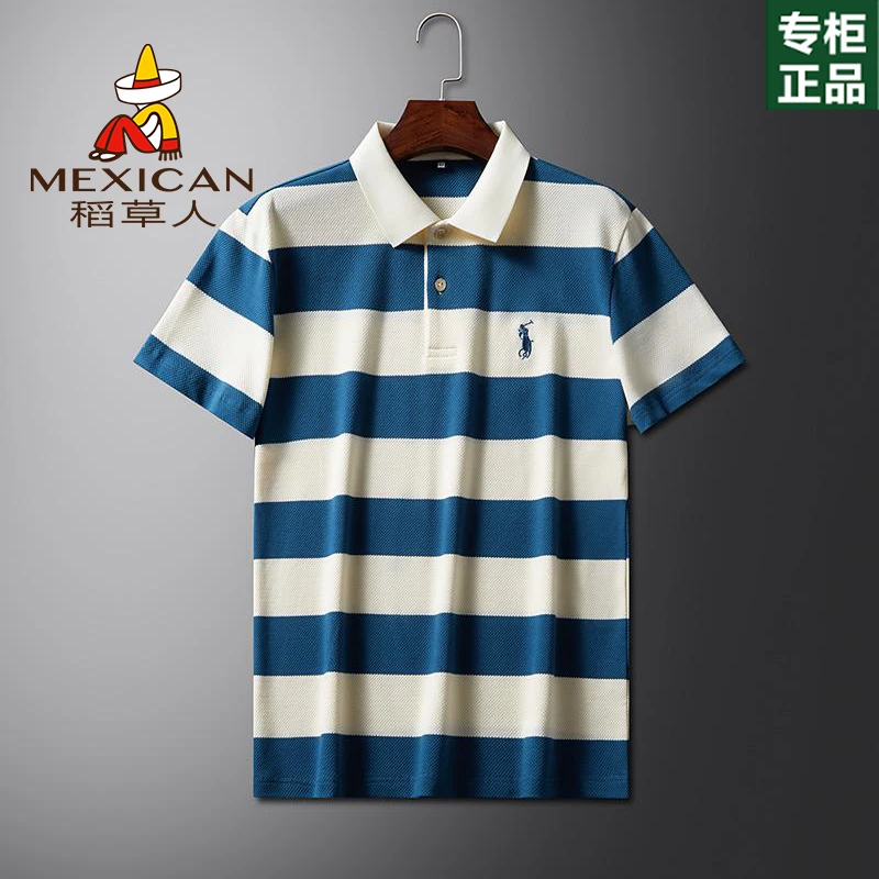 Mexican/稻草人短袖t恤宽松条纹上衣夏季男士POLO衫休闲翻领半袖