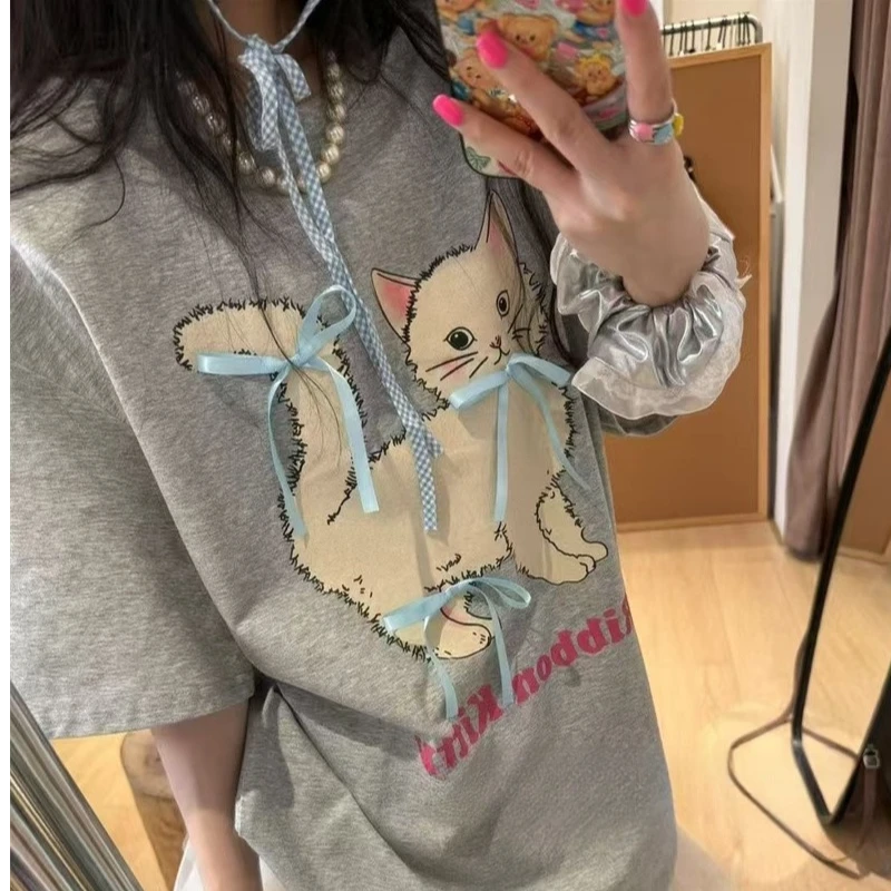 温婉大方立体系带蝴蝶结猫咪印花宽松短袖T恤洋气减龄慵懒上衣女