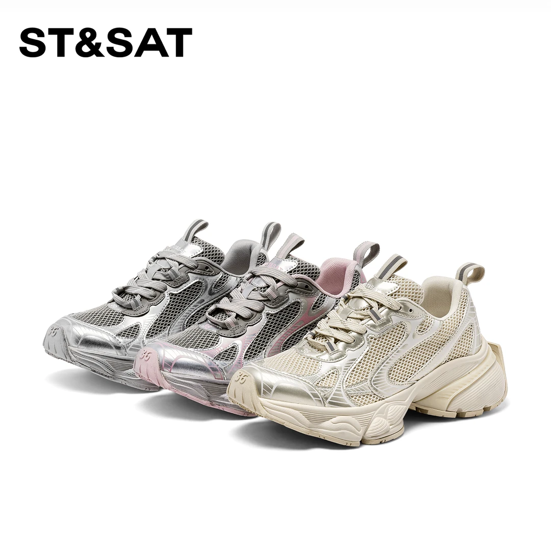 St&Sat/星期六拼色韩系老爹鞋2025春季新款流行系带厚底休闲鞋子