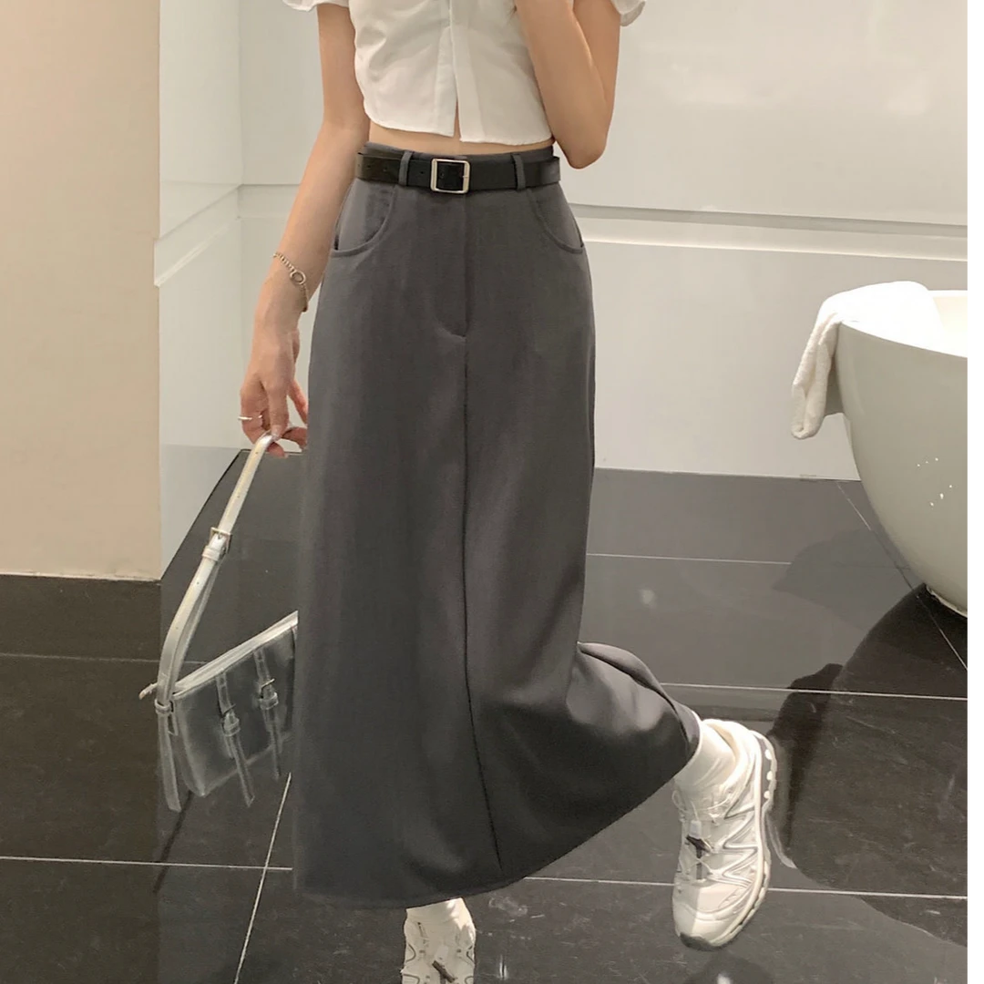 配腰带灰色西装半身裙女装夏季新款学院风高腰显瘦a字中长款裙子