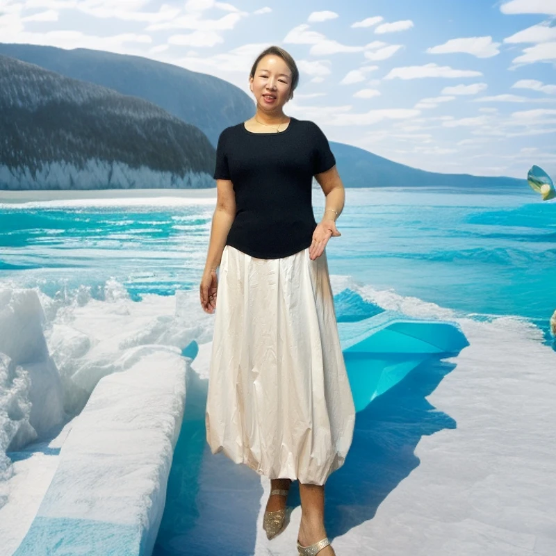 01成人高腰长裙春夏女式灯笼半身裙时尚百褶显瘦百搭宽松女装裙子