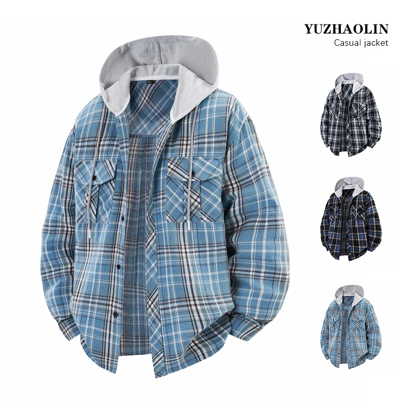 假两件格子衬衫连帽男士学生青少年设计感青春活力休闲百搭长袖男