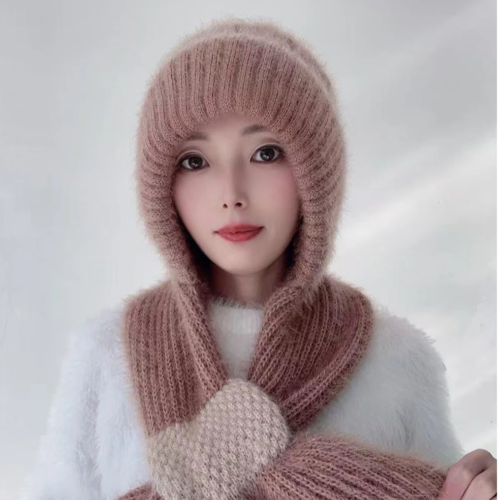 《》新款女士冬季加绒加厚风雪帽时尚百搭护耳围巾帽子一体针织帽