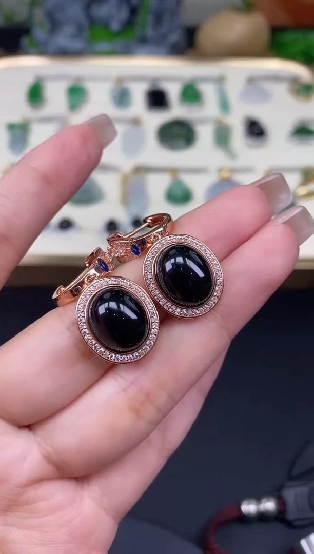 未镶嵌翡翠耳饰墨翠蛋面耳饰@@CMT0887