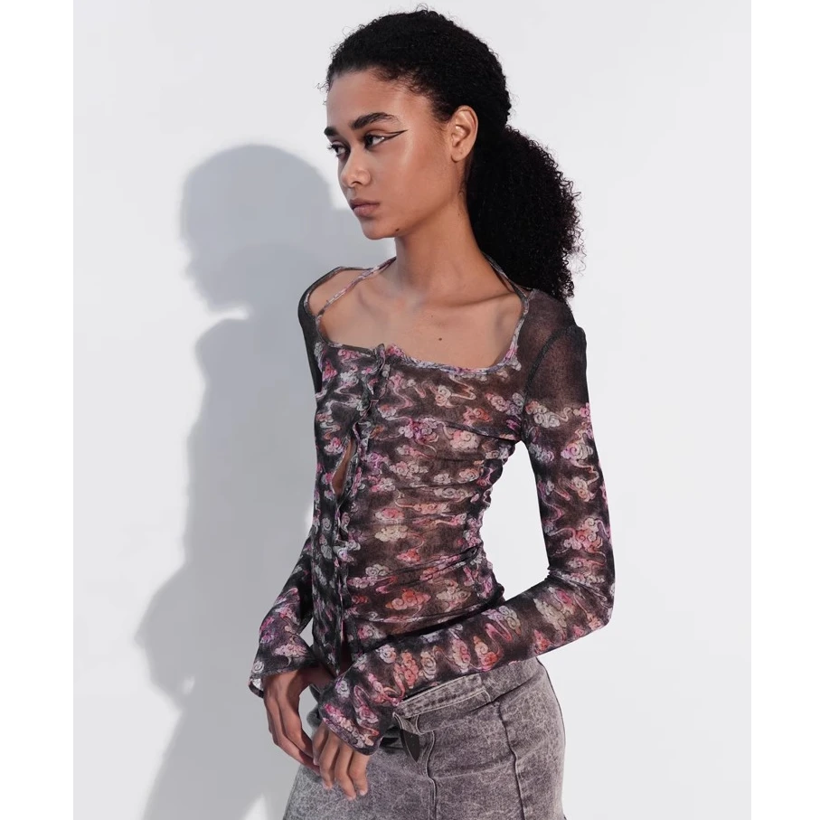 【LOCAT】 lucency 肌理网纱挂脖上衣 LCC24SSTP06A