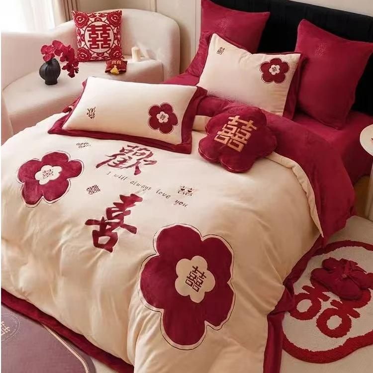 I-Will/艾维轻奢时尚婚庆冬季加厚牛奶绒婚庆四件套婚用 情意绵绵