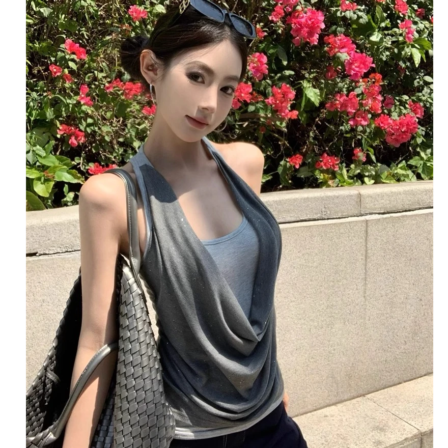 拼接假两件荡领吊带小背心女夏季修身无袖外穿设计感辣妹撞色上衣