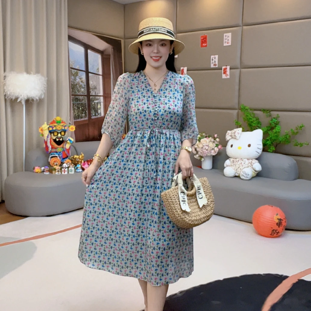 【火火精选】“小碎花”法式洋气温婉大方慵懒风桑蚕丝连衣裙 80178