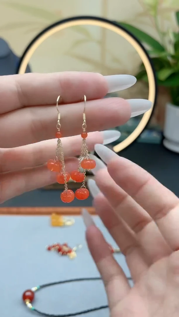 翡翠银S925镶嵌耳饰00南瓜红色小小小