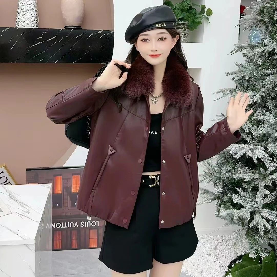 【加绒保暖】海宁正品2024秋冬加绒加厚时尚翻领气质皮衣外套女（30）