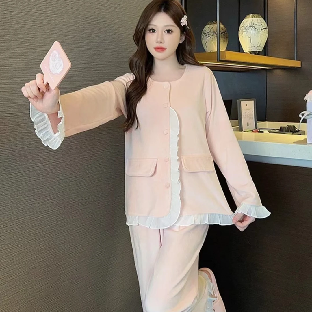 睡衣女轻奢羊绒小香风网红同款家居服套装保暖长袖开衫秋冬可外穿