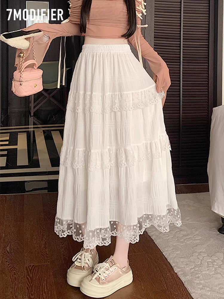 白色蕾丝花边蛋糕裙半身裙女春季高腰炸街法式长裙大摆裙A字裙