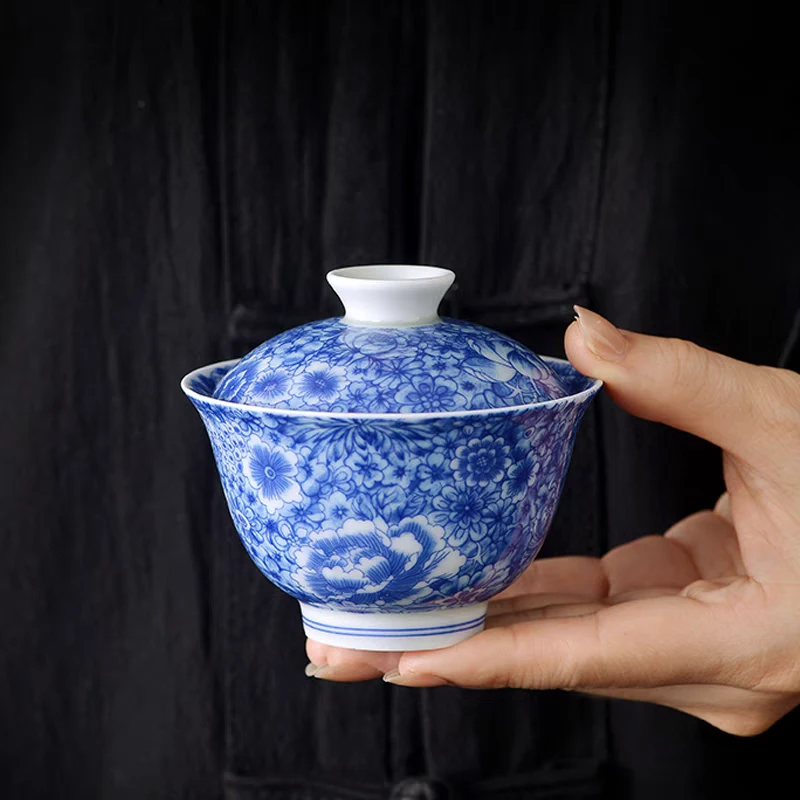 景德镇手工手作釉下彩青花瓷繁花似锦高端茶具二才盖碗（120CC）