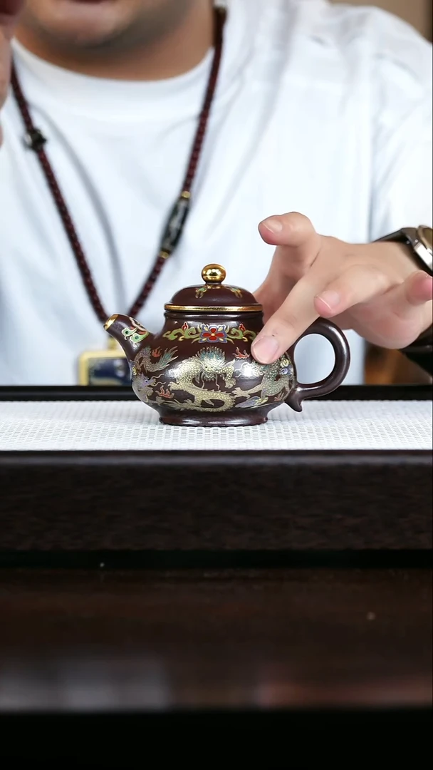 茶壶紫砂龙山紫袍 高潘壶  珐琅彩龙