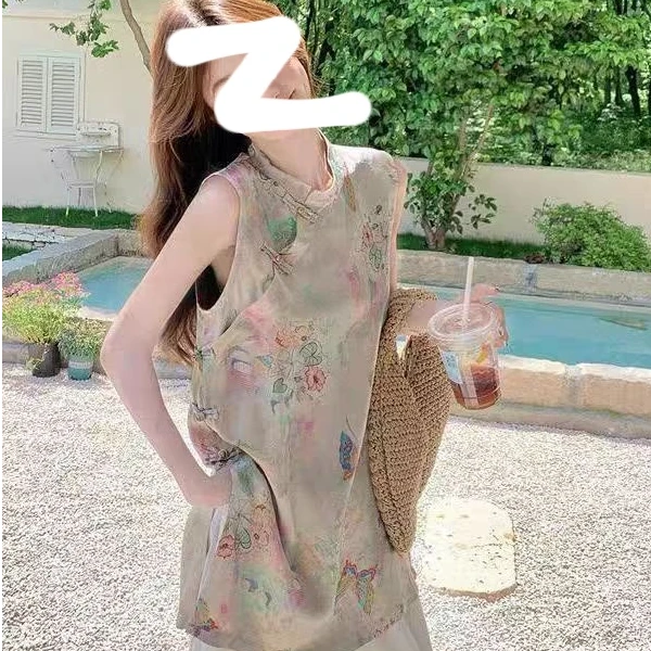 【柚子同款】MZ夏季新中式印花无袖马甲洋气别致盘扣开叉上衣88150