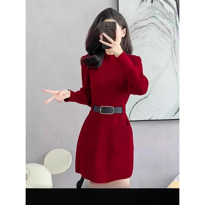 收腰毛衣裙女秋冬中长款2025年爆款小个子红色打底配大衣内搭针织