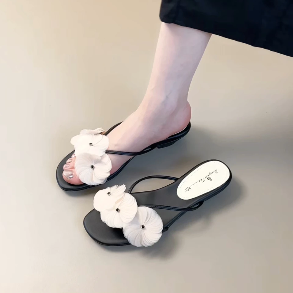 Pokoy-2.5cm法式复古花朵度假拖鞋女夏新款外穿百搭平跟一字拖