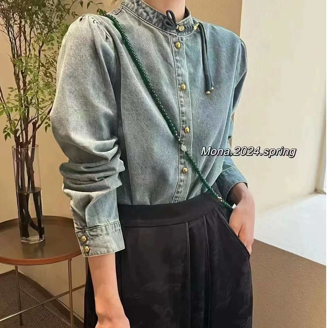 春季新中式单排多扣衬衫拼接时尚气质衬衣休闲复古DM88983